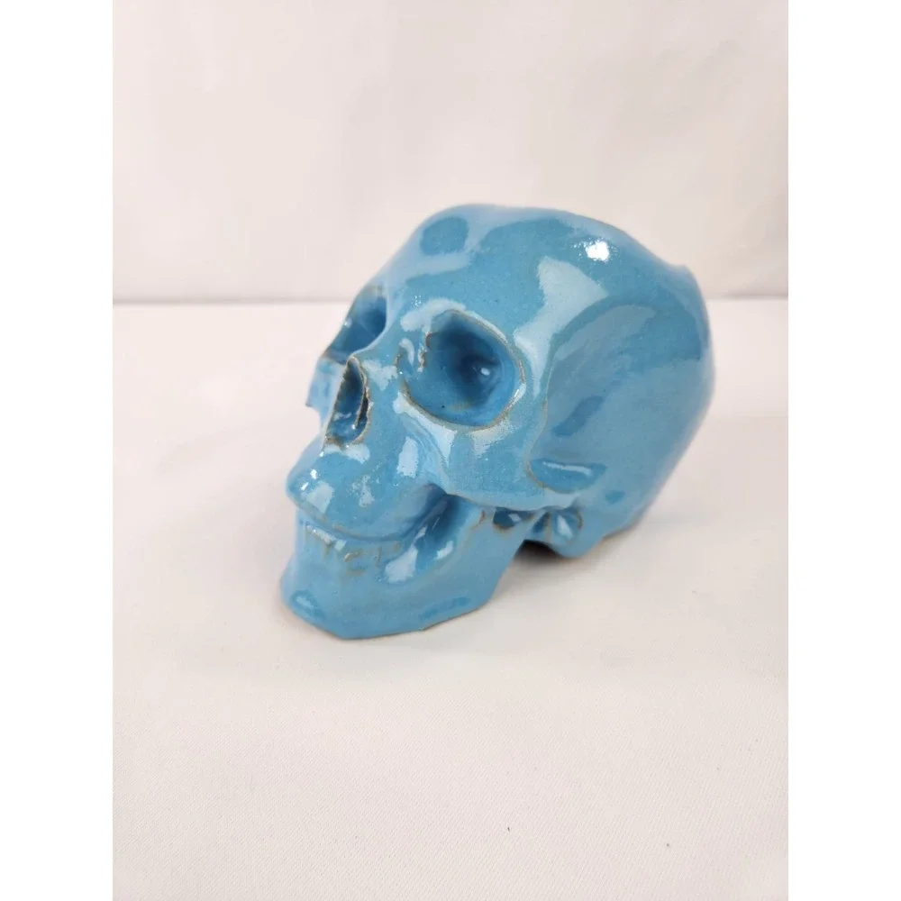 Large Human skull planter pot ceramic Artisan Handmade Art Blue Decor Ohio